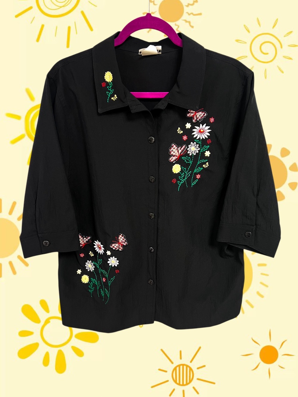 Vintage Bon Worth black garden button up with embroidered butterflies